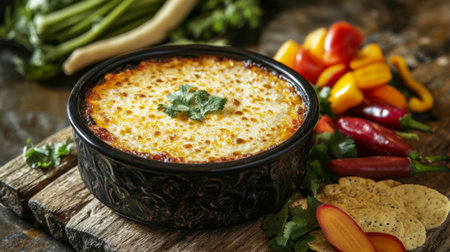 A rustic scene of chili dip served in a handcrafted bowl, accompanied by fresh herbs and colorful vegetable garnishes on a weathered wooden tableの素材