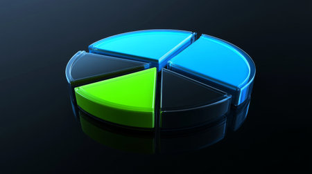 A transparent pie chart with vibrant blue and green segments, arranged in a circular layout on a dark reflective background, showcasing depth and clarityの素材