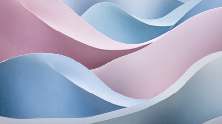 Soft pastel abstract waves in light pink, blue, and lavender, with smooth transitions and subtle shadows for a dreamy, calming effectの素材