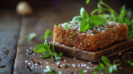 A rustic image of a salt block with a sprinkle of herbs on top, placed on a wooden table, promoting a natural and wholesome approach to seasoningの素材