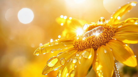 A vibrant sunflower with water droplets perched on its yellow petals, captured with sunlight reflecting off the droplets.の素材