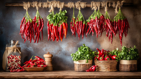 A warm kitchen atmosphere with fresh chili peppers hanging in bunches, creating a rustic feel and emphasizing their role in traditional cookingの素材