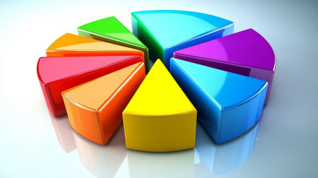 A vibrant pie chart with segments in various colors, each part slightly separated, set on a reflective white surface for a dynamic financial lookの素材