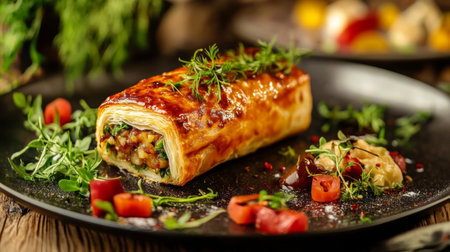 An appealing image of a gourmet sausage roll, golden-brown and flaky, placed on a rustic wooden table, highlighting the deliciousness of this popular snackの素材