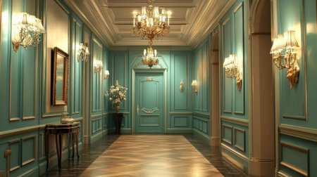 An elegant hallway adorned with classic wainscoting, a vintage chandelier hanging from the ceiling, and soft pastel colors creating a sophisticated ambianceの素材
