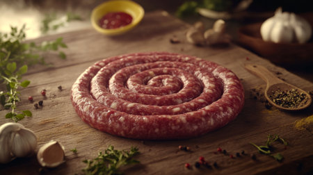 An artistic composition of raw sausages neatly arranged on a rustic wooden surface, with seasonings and herbs scattered around, emphasizing the preparation processの素材