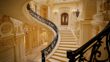 An artistic view of a winding staircase in a grand hallway, with intricate railings and elegant wall decor, highlighting architectural beauty and designの素材