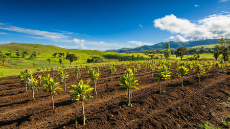 An expansive view of a reforestation project with countless young trees planted across a rolling landscape, under a vibrant blue sky with cloudsの素材