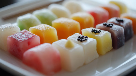 A close-up of freshly made daifuku, showcasing a variety of colorful rice cakes filled with sweet red bean paste, arranged artfully on a white plateの素材