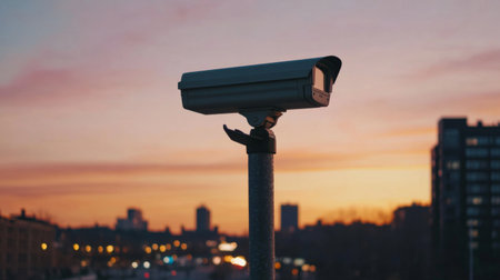 An outdoor bullet CCTV camera on a tall pole overlooking a quiet street at dusk, with a soft orange sky in the backgroundの素材