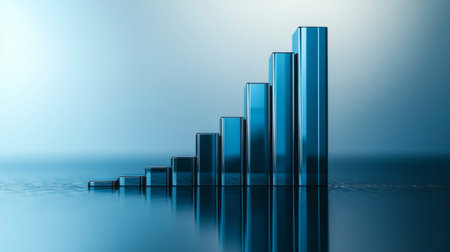 A D stacked bar chart with metallic bars in ascending order, placed on a reflective surface, highlighting financial progress in a clean, minimalist designの素材