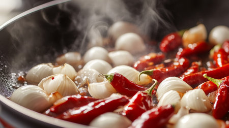 An inviting shot of chilies, garlic, and onions sizzling in a hot pan, with steam rising and rich colors blending together, creating an appetizing atmosphereの素材