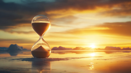 A close-up of an hourglass filled with sand, where the upper half represents parched land and the lower half, melting ice, symbolizing the passage of time on climate changeの素材