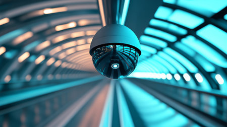A close-up of a dome-shaped security camera on a smooth metal ceiling inside a sleek, futuristic building corridorの素材