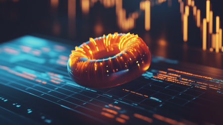 A close-up of a futuristic D donut chart with segmented, glowing parts, floating above a digital grid, representing complex financial dataの素材