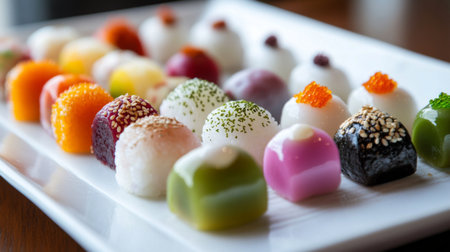 A close-up of freshly made daifuku, showcasing a variety of colorful rice cakes filled with sweet red bean paste, arranged artfully on a white plateの素材