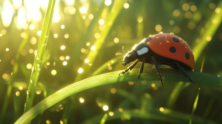 A detailed image of a ladybug crawling on a green leaf, with droplets of water glistening in the sunlight, creating a fresh and natural atmosphereの素材