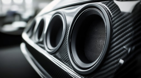 A close-up of a custom subwoofer installed in the rear deck of a sports car, with a focus on the precision engineering and powerful designの素材