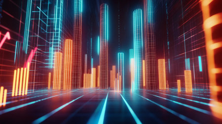 A D financial chart with rising columns and a glowing trendline, placed over a sleek digital grid with futuristic design elementsの素材