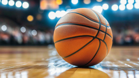 A close-up of a basketball resting on a wooden court, with bright lights reflecting off its textured surface and the polished floor in the backgroundの素材