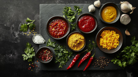 A creative composition of various types of chilies displayed alongside sauces and condiments, showcasing the diversity of flavors used in cookingの素材
