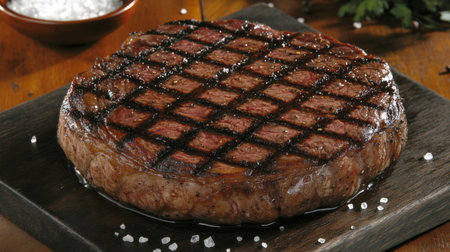A close-up of a perfectly grilled ribeye steak with distinct grill marks, placed on a dark wooden board with coarse salt and pepper scattered aroundの素材