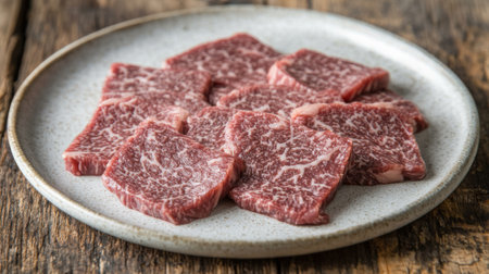 A close-up of marbled beef steak slices on a clean white plate, with a focus on the rich texture and fat marbling, set against a rustic wooden tableの素材