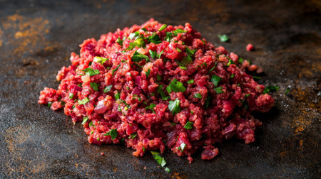 A close-up of raw minced meat, with finely ground beef piled in a neat mound on a metal surface, ready for burger patties or meatballsの素材