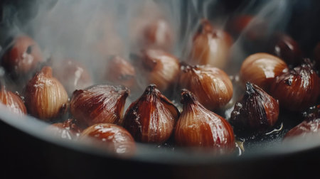 A close-up view of shallots being sauted in olive oil, capturing the sizzling sound and aroma, with herbs sprinkled in for added flavorの素材