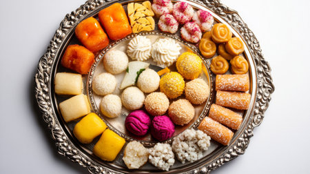 A colorful flat lay of various Indian sweets, including gulab jamun, jalebi, and barfi, arranged artfully on a decorative platter, celebrating the richness of Indian dessertsの素材