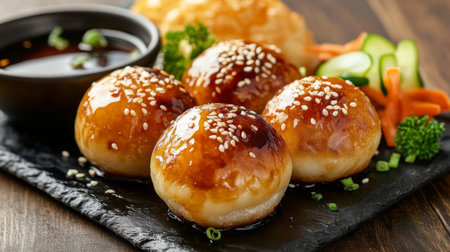 A collection of takoyaki served on a slate plate with dipping sauce and garnishes like sesame seeds and pickled vegetablesの素材