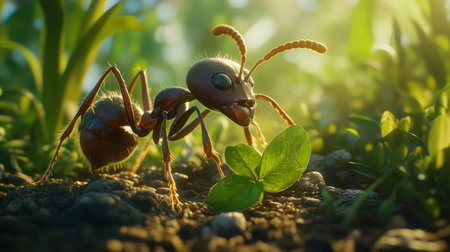 A close-up view of an ant carrying a tiny leaf, showcasing its intricate body structure and details, set against a blurred green background of grassの素材