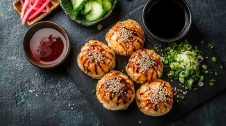 A collection of takoyaki served on a slate plate with dipping sauce and garnishes like sesame seeds and pickled vegetablesの素材