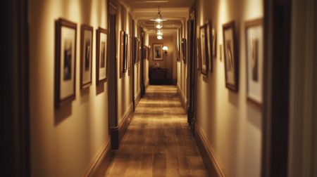 A cozy and inviting hallway with wooden flooring, soft lighting, and framed pictures on the walls, creating a warm atmosphere that welcomes guestsの素材