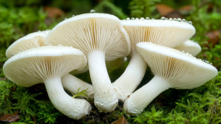 A delicate cluster of white mushrooms in a forest, with visible water droplets creating a glistening effect against the dark, earthy tonesの素材