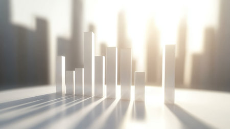 A clean, minimalist D bar chart with sleek, glossy bars in different heights, each representing financial growth over time, set against a neutral backdropの素材