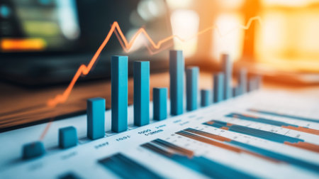 A close-up of a financial bar graph with tall, transparent bars rising against a minimalist background, showcasing clear financial growthの素材