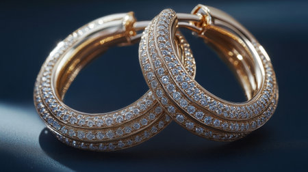 A detailed macro shot of a pair of vintage-inspired diamond hoop earrings, showcasing intricate metalwork and brilliant stones against a dark backgroundの素材