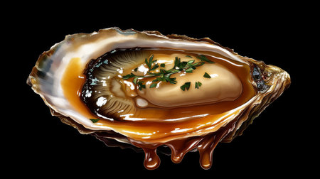 A close-up of a single oyster half on a shell, drizzled with sauce and garnished with herbs, showcasing its freshness and vibrant colorsの素材