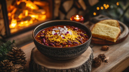 A cozy setting featuring a warm bowl of chili topped with cheese and onions, served with cornbread, set on a rustic table with a warm ambianceの素材