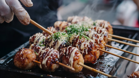 A close-up of takoyaki being served with wooden skewers, showcasing the crispy outer layer and gooey, octopus-filled interiorの素材