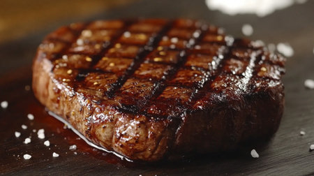 A close-up of a perfectly grilled ribeye steak with distinct grill marks, placed on a dark wooden board with coarse salt and pepper scattered aroundの素材