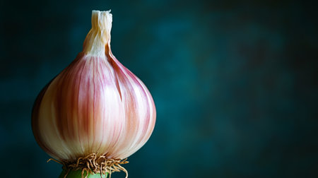 A detailed macro shot of a single shallot, showcasing its layers and textures, with soft lighting enhancing its natural colors against a dark backdropの素材