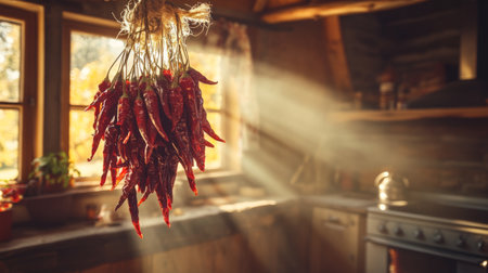 A dramatic image of dried chilies hanging from a string, with sunlight streaming through, highlighting their rich colors and creating a rustic kitchen atmosphereの素材