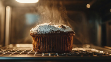 A dramatic shot of a chocolate souffl rising in the oven, with a rich brown color and a dusting of powdered sugar on top, emphasizing its airy textureの素材