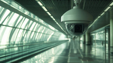 A futuristic-looking CCTV camera mounted on the ceiling of an airport terminal, capturing a sleek, empty walkway with metallic tones and modern designの素材