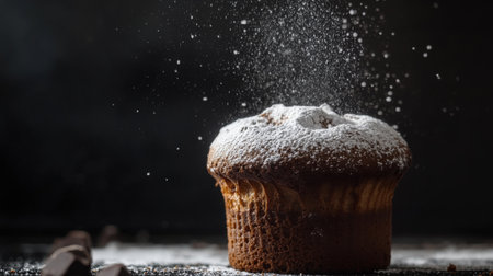 A dramatic shot of a chocolate souffl rising in the oven, with a rich brown color and a dusting of powdered sugar on top, emphasizing its airy textureの素材