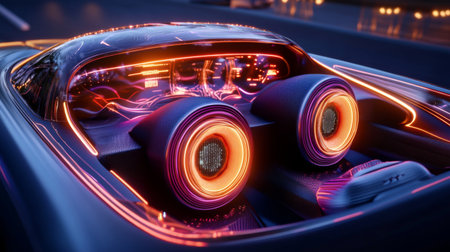 A futuristic, glowing car speaker embedded in the rear seat panel, with neon lighting reflecting off the surrounding interior, set in a high-tech vehicleの素材