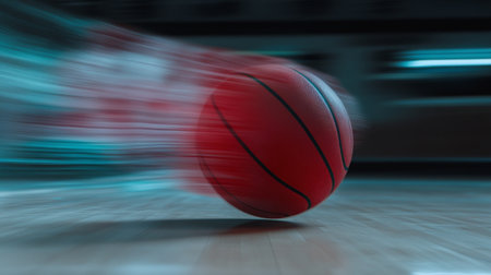 A dynamic shot of a basketball bouncing on a hardwood floor, with motion blur capturing the energy and excitement of the game in actionの素材