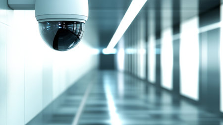 A futuristic-looking CCTV camera mounted on the ceiling of an airport terminal, capturing a sleek, empty walkway with metallic tones and modern designの素材